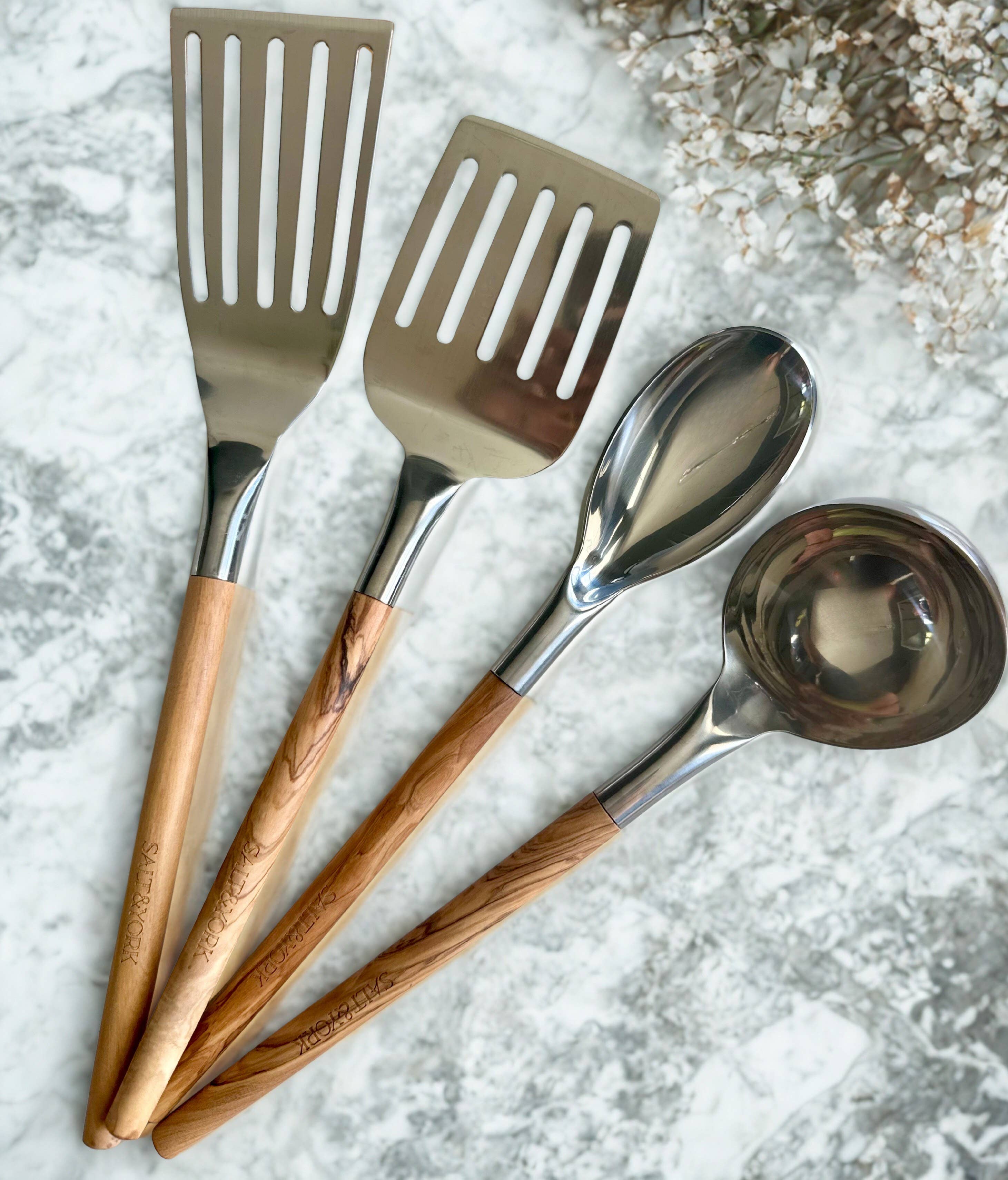 Salt & York - Wholesale Kitchen Utensil Set - 4 Piece Olive Wood or Walnut Wood Handle Utensil Set with St4