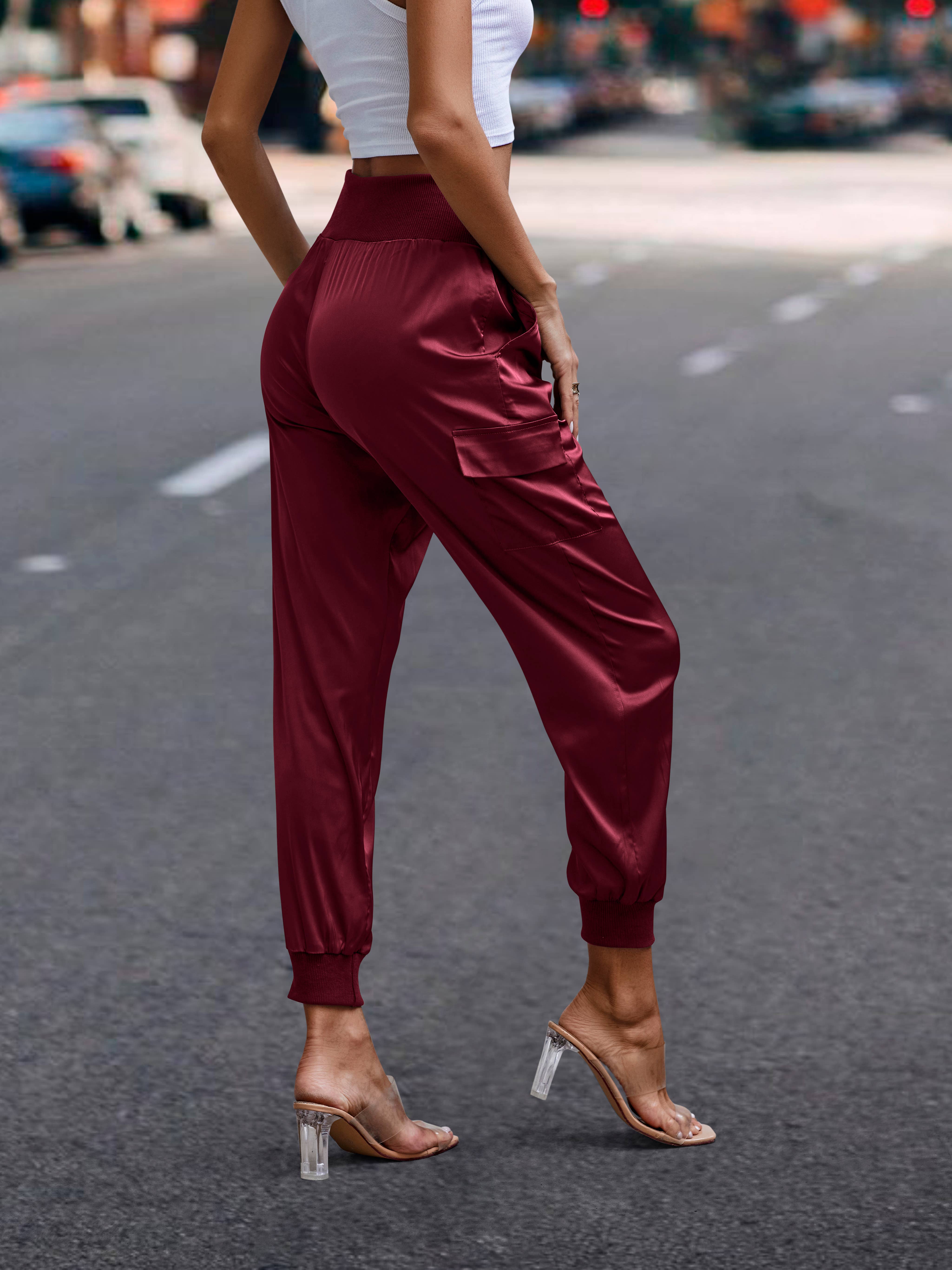 eLook - Wholesale Lounge Sweatpants/Joggers - Women's - SZ1-P0012 Satin Cargo Jogger with Ribbed Waist38