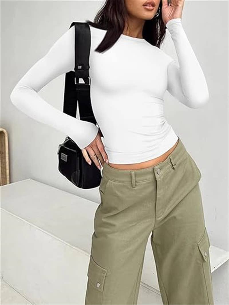 HIDDENBRAND - Wholesale T-Shirt - Women's - Simple Basic Plain Versatile Long Sleeve Cropped T-Shirt1