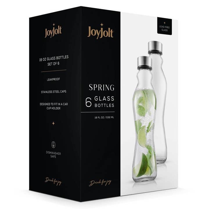 JoyJolt – wholesale Vattenflaska – Fjäder glas vattenflaskor med rostfritt stål kepsar