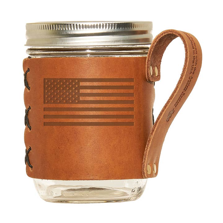 American Flag Genuine Leather Sleeve + Wide Mouth Mason for wholesale by Oowee Products