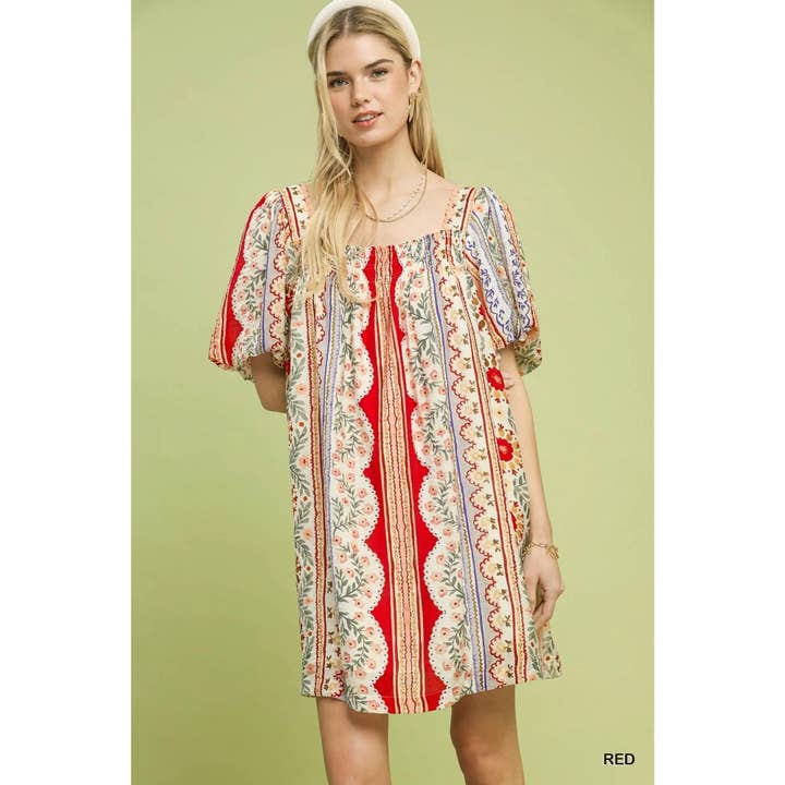 NYE Mini Kjole med Blandet Print og Pufærmer for engroshandel hos STYLE USA