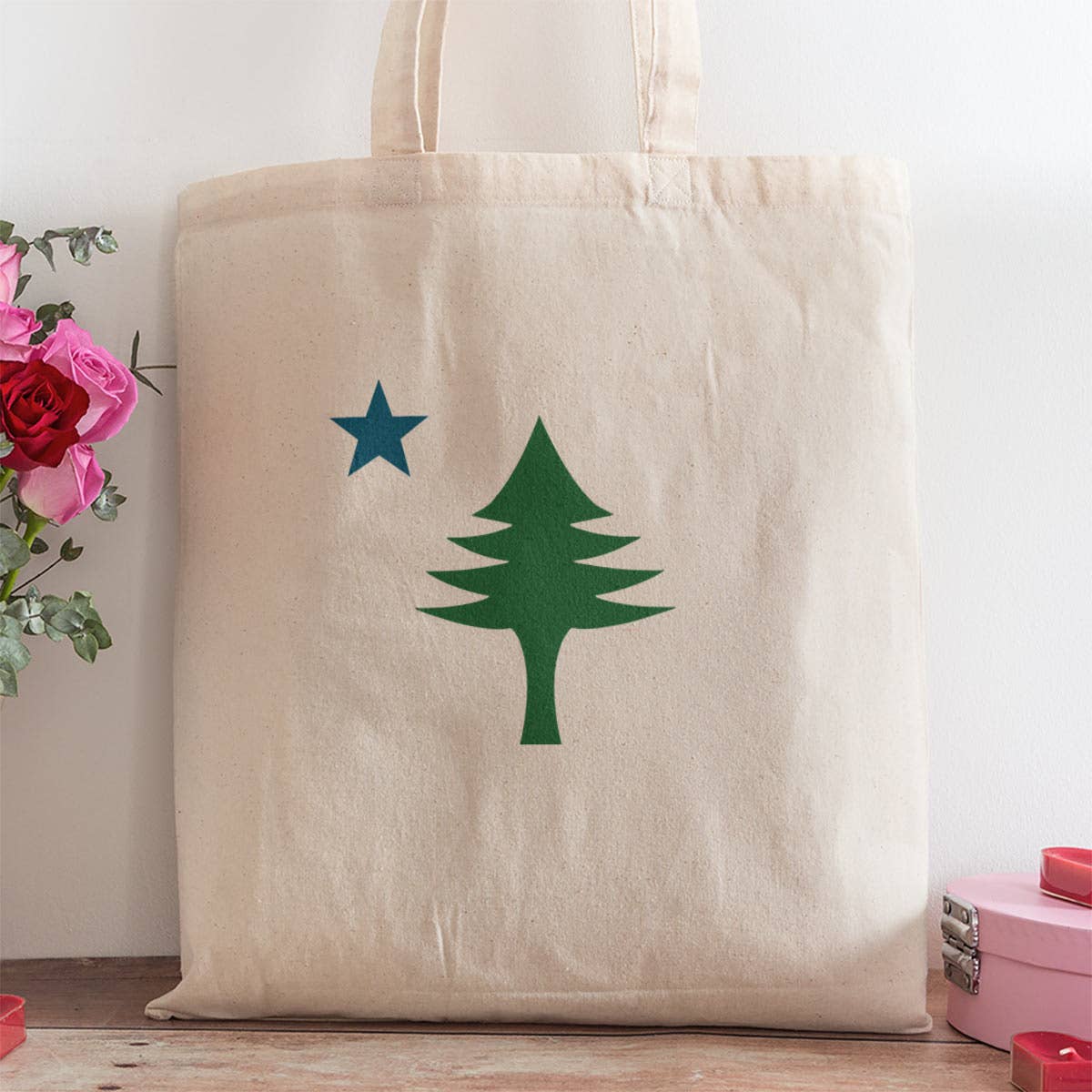 RetroPlanet - Wholesale Grocery/Shopping Bag - Maine State Pine Tree & Star Large Cotton Grocery Totes2