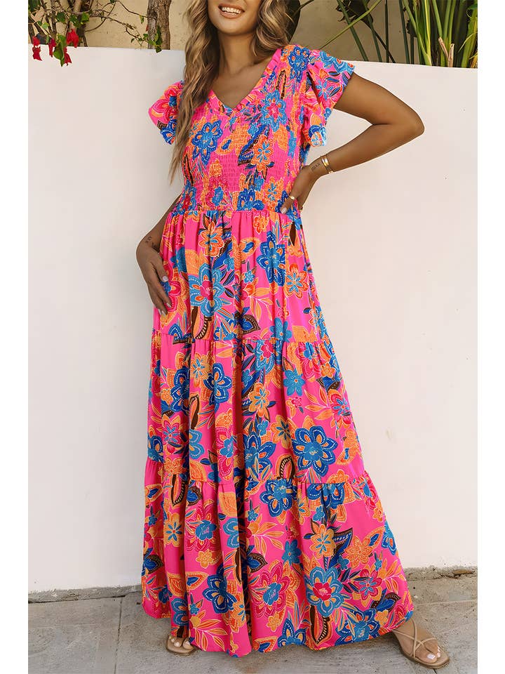 Aapparella - Wholesale Dress - Women's - Women Boho Floral V Neck Ruffle Tiered Maxi Dress | S-XL