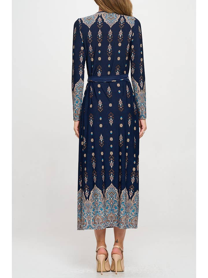 Navy Made in USA Brushed Knit Print V neck Jersey Wrap Maxi Dress for wholesale on Faire