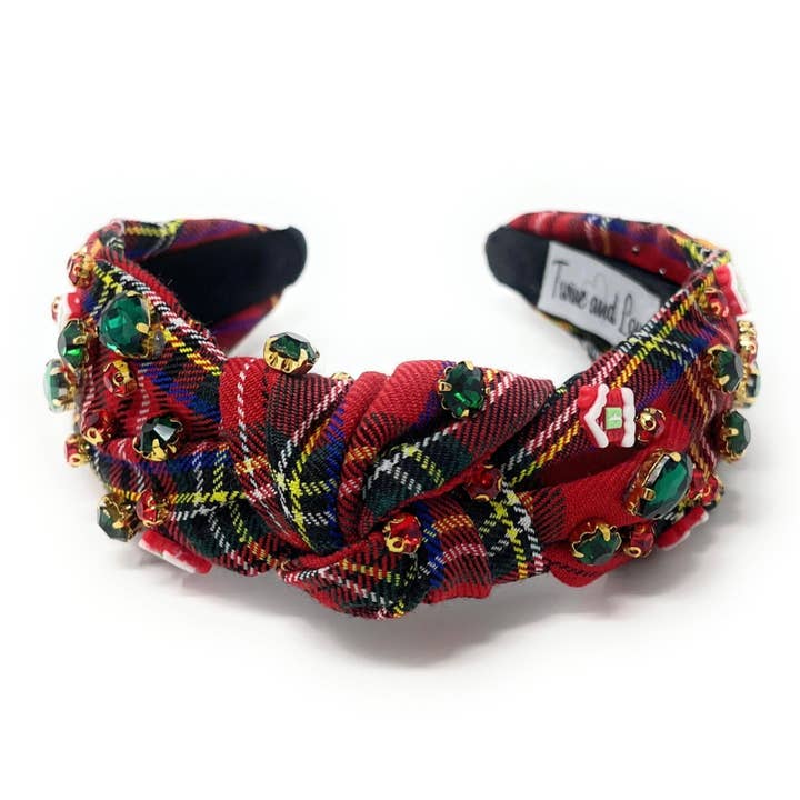 Red Plaid Gingerbread House Jeweled Knot Headband for wholesale by Twine and Love