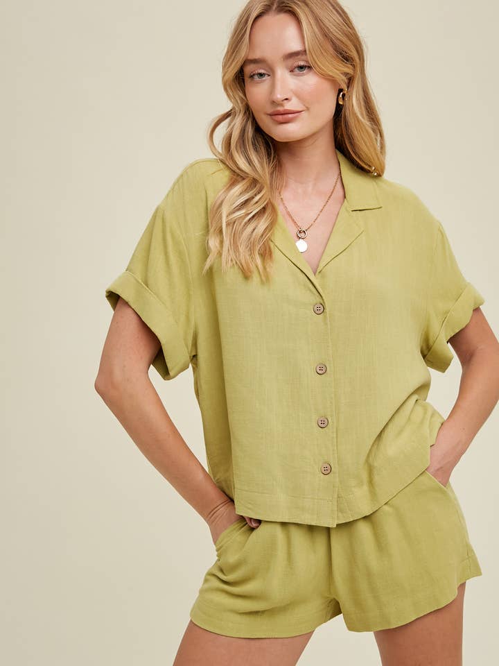 TWO PIECE COLLARED BLOUSE AND SHORTS SET / WL22-7023 for wholesale by Wishlist Apparel