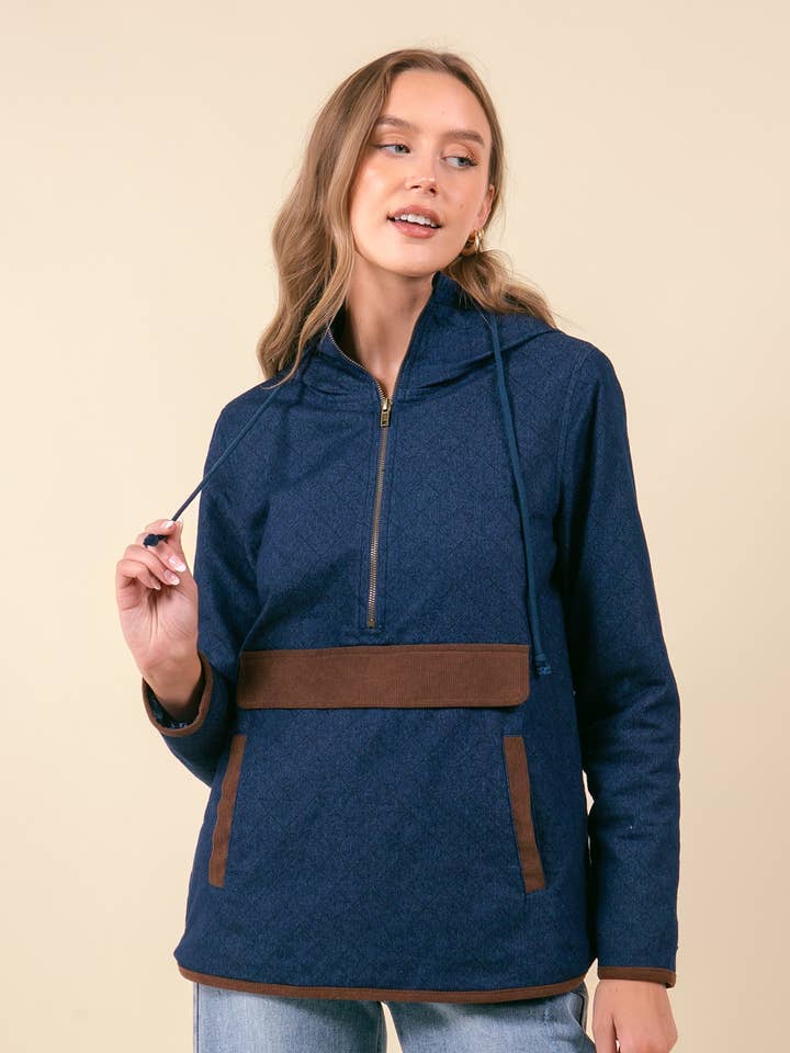 Doe and Rae - Wholesale Hoodie - Women's - Quilt Denim & Corduroy Mix Half Zip Hooded Anorak - 10632J0