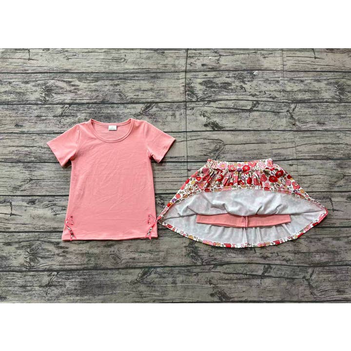 Aier Wholesale - Wholesale Top & Skirt Set - Kids - Embroidery Baby Girls Coral Bow Top Flowers Skort Skirt Clothes Sets