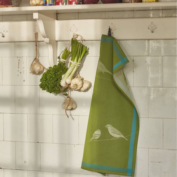 Torchon jacquard Sur un fil vert pour la vente par Sylvie Thiriez