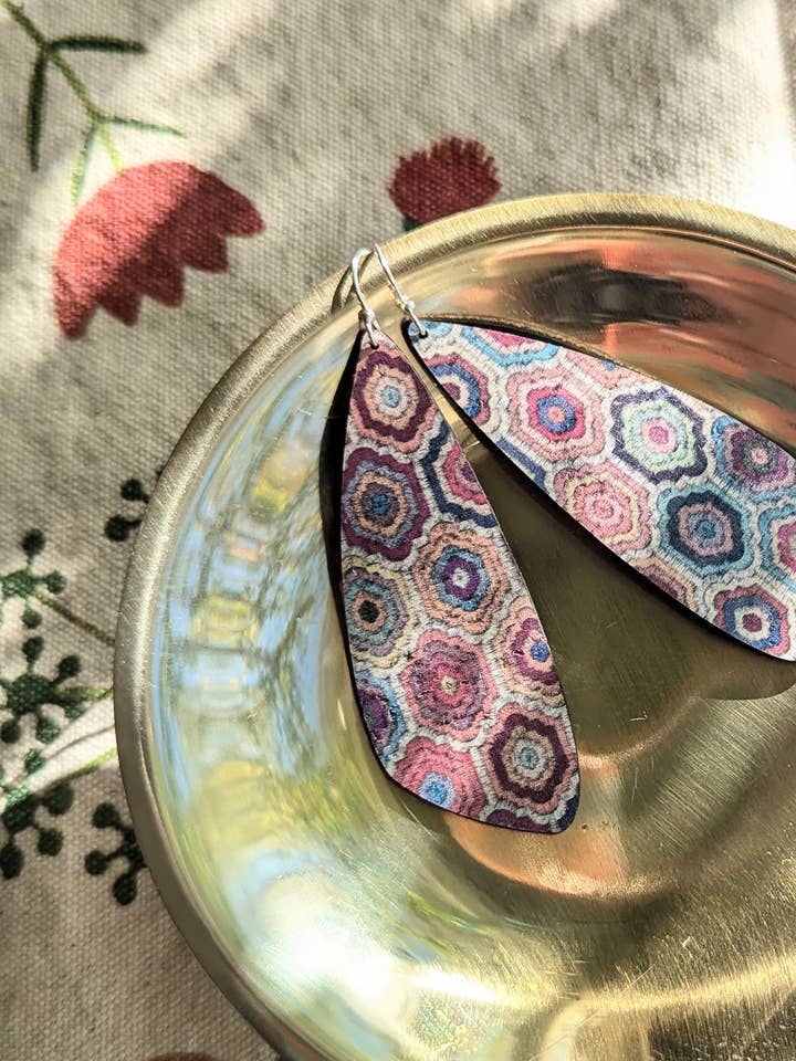 Embroidered Hexagons Cork Earrings - Large Wing for wholesale by Hello Lovely Cork Co.