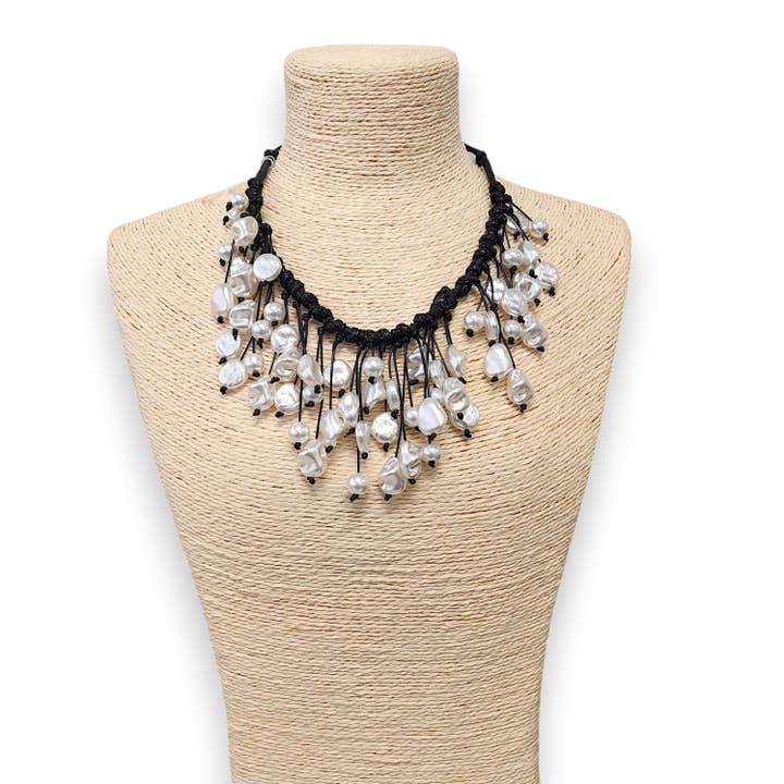 Bijoux Envie Statement Jewelry - Wholesale Beaded/pearl necklace - Modern Pearl Bib Necklace | Leather Cord | Coastal Fall Boho4