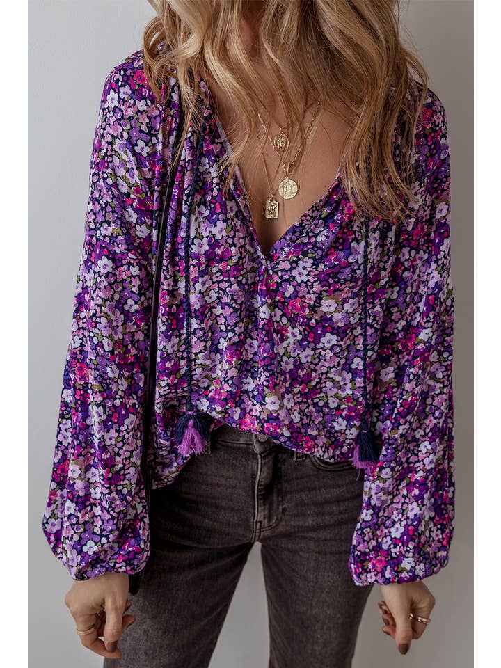 Purple LDC Boho Flower Split V Neck Bubble Sleeve Blouse for wholesale on Faire