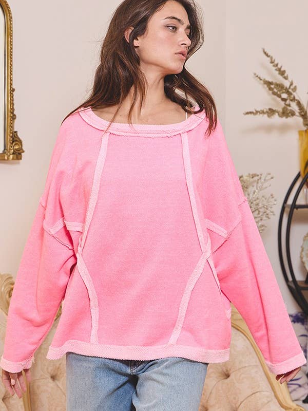 BUCKETLIST INC - Wholesale Sweatshirt - Women's - T1153-1 Oversized Solid Raw Edge Detail Long Sleeves Top10