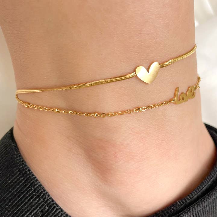 Blueyejewelry - Wholesale Anklet - Gold Heart Anklet - Snake Chain Heart & Love Ankle Bracelet6