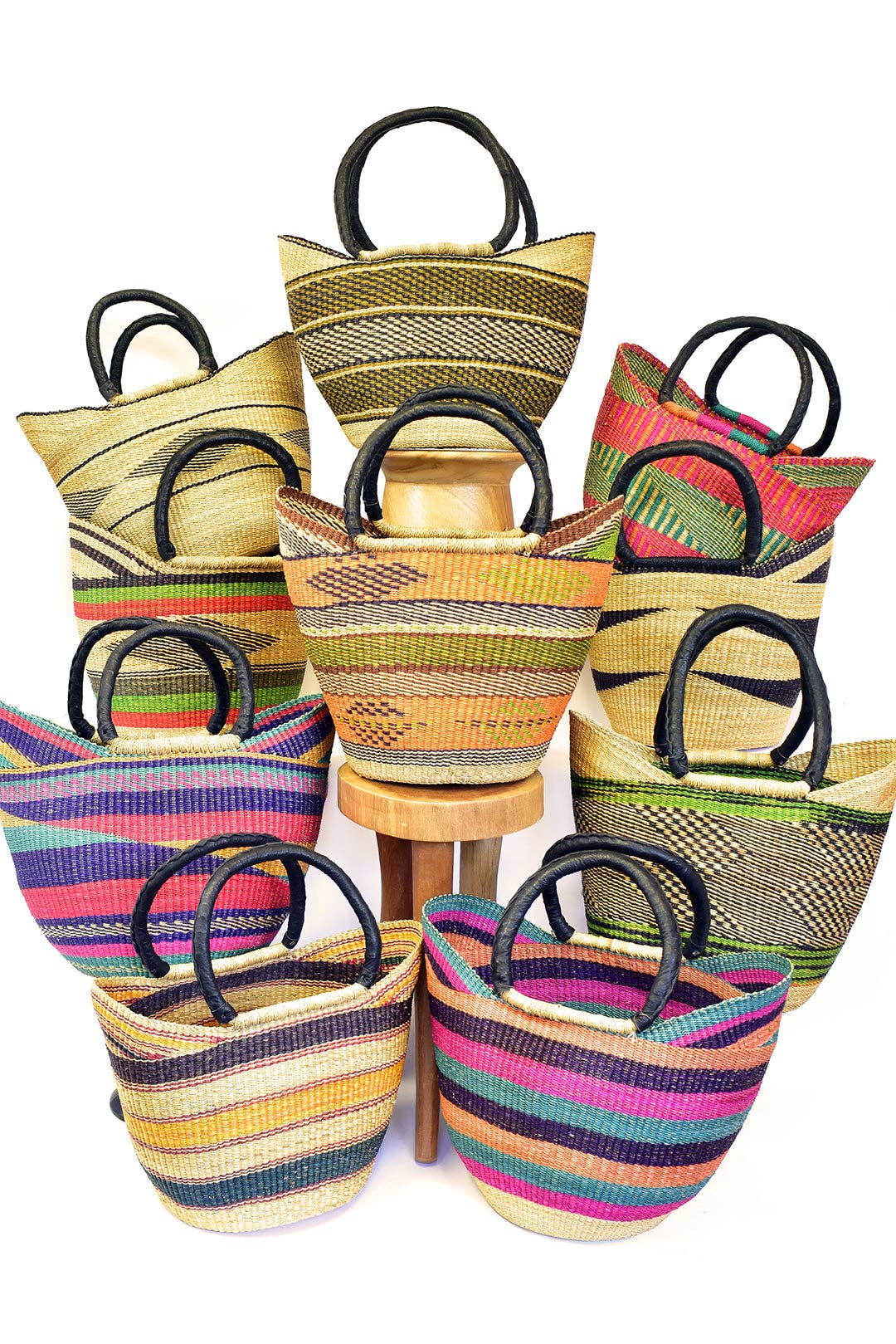 African Modern - Wholesale Basket - Assorted Ghanaian Wing Shopper with Leather Handles4