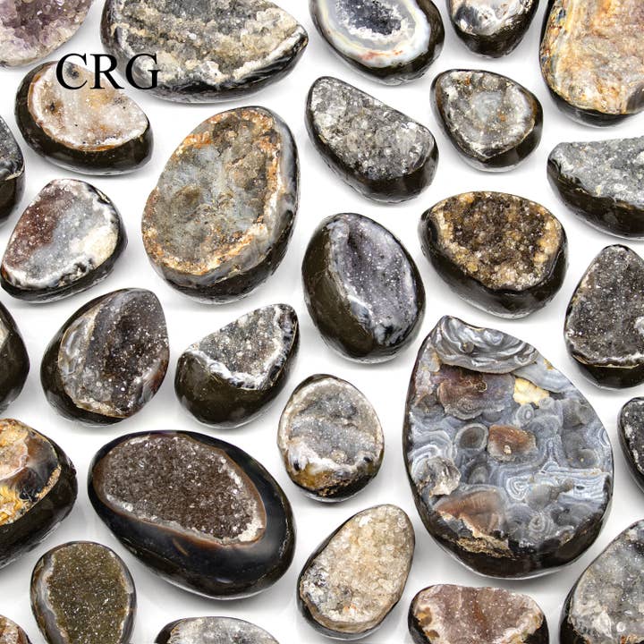 Crystal River Gems LLC - Wholesale Spiritual Stone/Crystal - 1 POUND LOT - Half Polished Agate Druzy Egg (1.5" - 2.5") AVG // MIXED SIZES