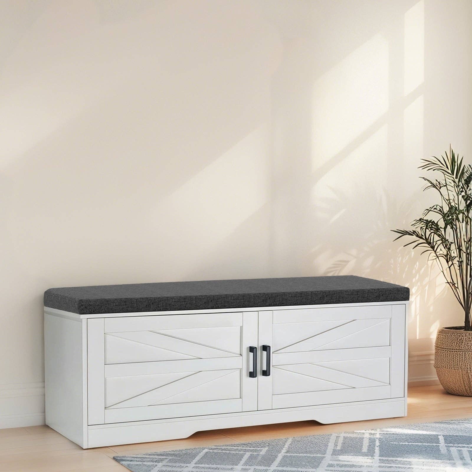 39F Inc. - Wholesale Shoe Rack - White 2-Tier Shoe Bench with Cushion Seat and Barn Doors10