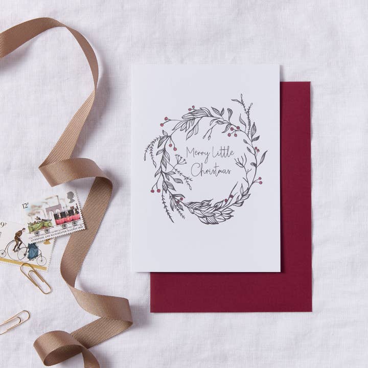 Julekort med lille glædelig krans for engroshandel hos Emily M Art and Design