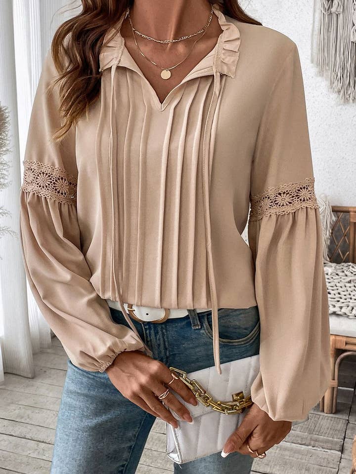 KHAKI CWTBLL3704_AUTUMN SOLID COLOR CASUAL V-NECK TEMPERAMENT SHIR for wholesale on Faire