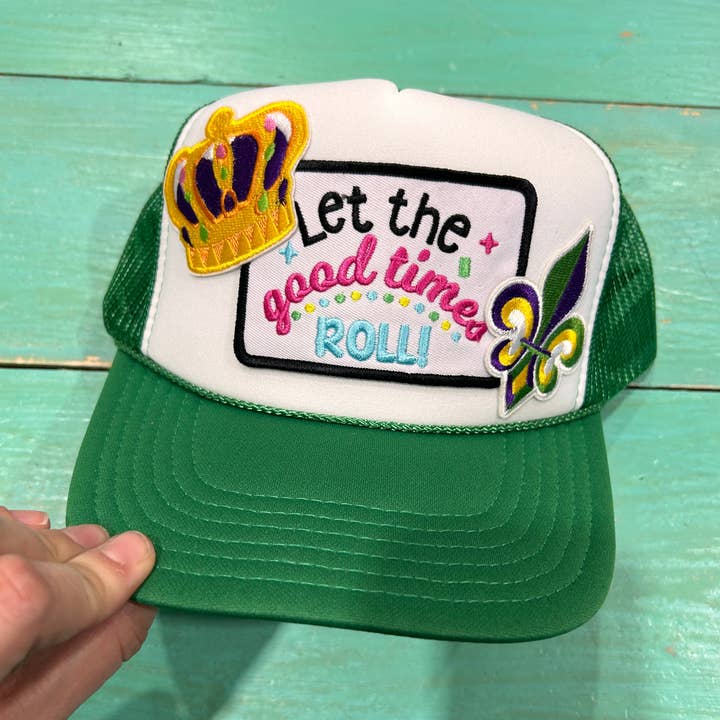 Good Times Roll Mardi Gras Trucker | Cajun | Fluer De Lis for wholesale by Vibes Hat Company