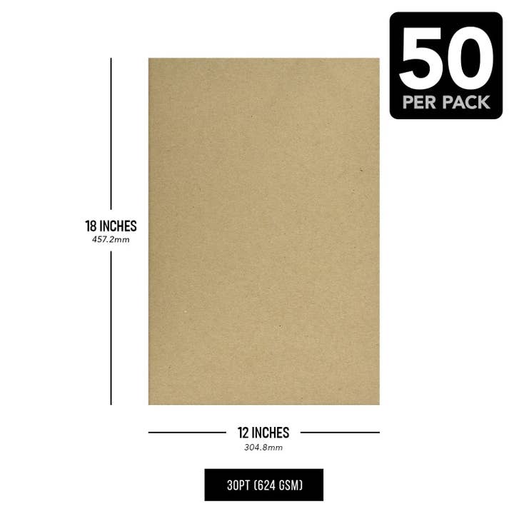 Fine Cardstock - Venta al por mayor Material para manualidades - Láminas de cartón aglomerado Kraft marrón de 12 x 18 pulgadas, peso medio, 30 unidades (624 g/m²), 50 por paquete