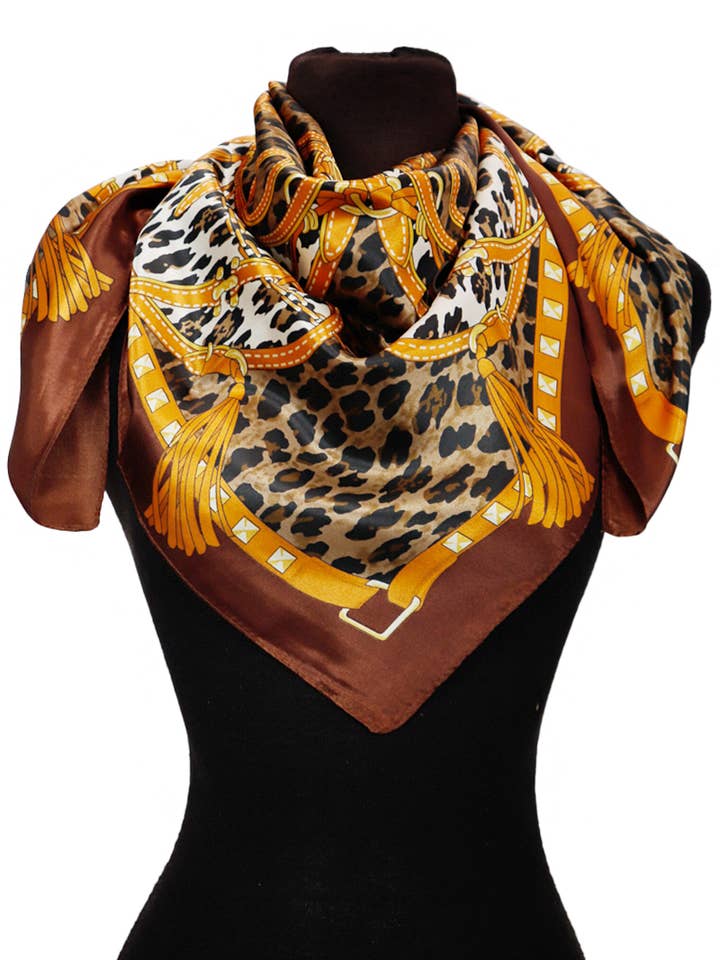 Leopard Leather Belt Print Faux Silk Square Scarf for wholesale by Cap Zone