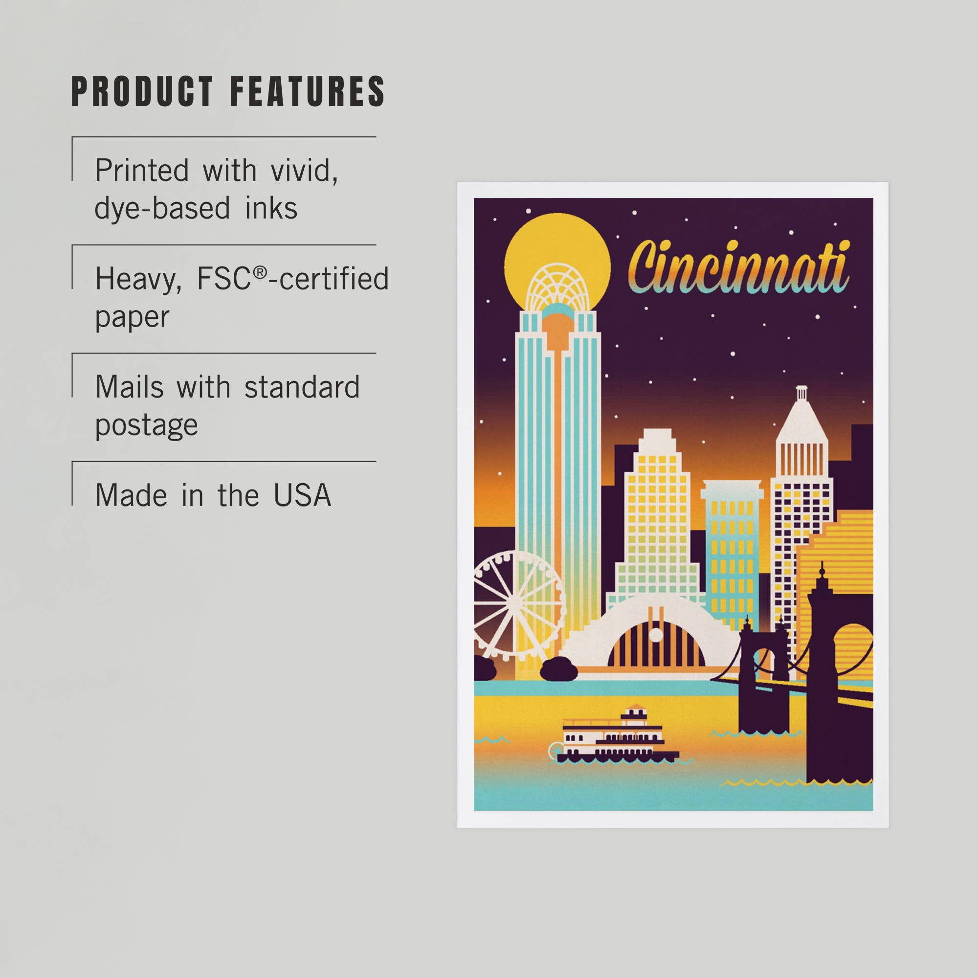 Lantern Press - Vente Cartes postales - CARTES POSTALES PREMIUM Cincinnati, Ohio, Skyline Rétro Chromatique2