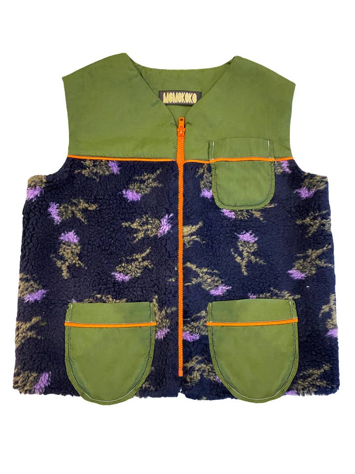 Black and Khaki Floral Fleece Gilet for wholesale by MOMOKOKO