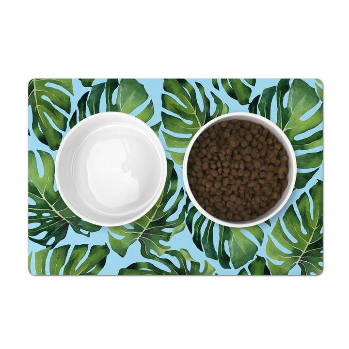 Pet Placemat, Tropical Monstera Leaves, Green & Aqua for wholesale by Aliza Darik