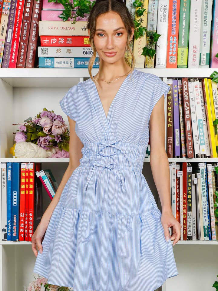 V-Neck Elastic Waist Tie Striped Printed Mini Dress VD82520 for wholesale by Vine & Love