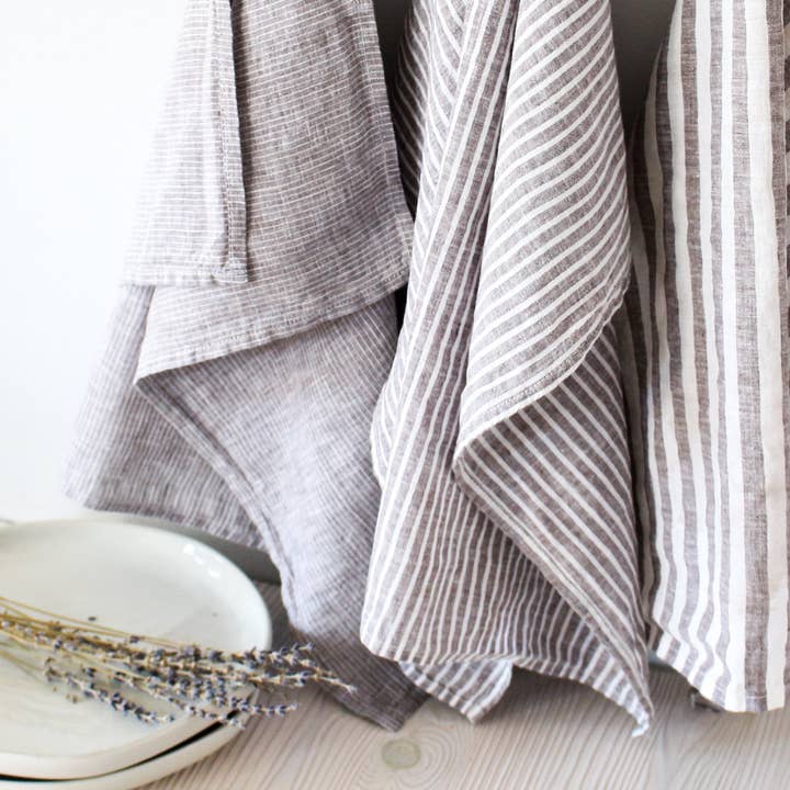 My Kitchen Linens - Wholesale Tea Towel - Brown Striped Linen Cotton Tea Towel - Set of 3