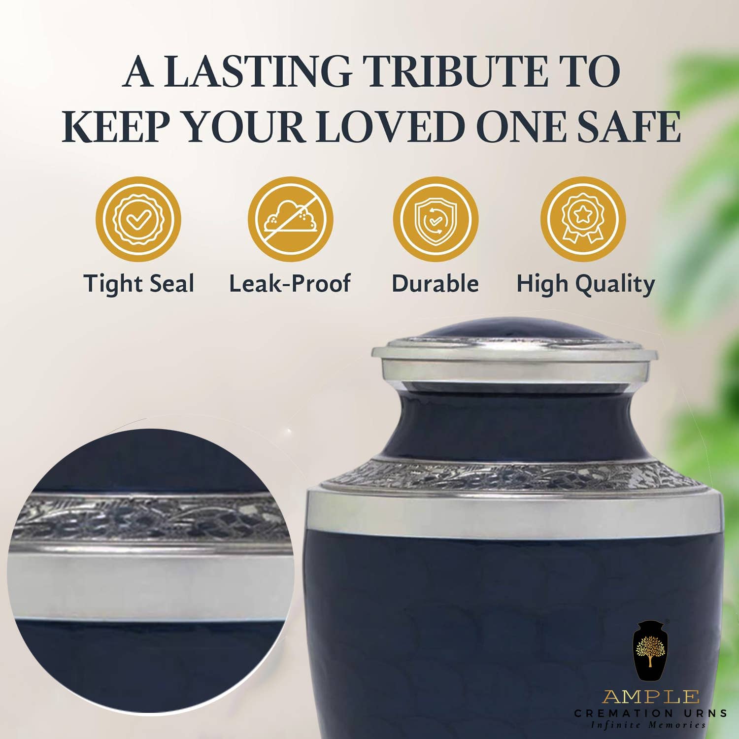 Ample Cremation Urns - Vendita all'ingrosso Urne - Urna Cineraria in Ottone Argento e Blu Profondo – Incisione Floreale a Mano7