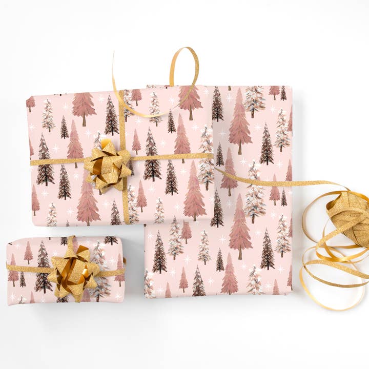 Stesha Wrapt - Vente Feuille de papier cadeau - Papier cadeau de Noël aux sapins roses3