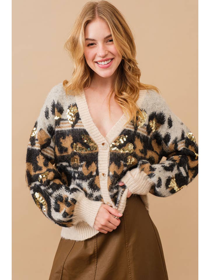 BLACK 17932W-Soft Leopard Pattern Sequin Cardigan Sweater for wholesale on Faire