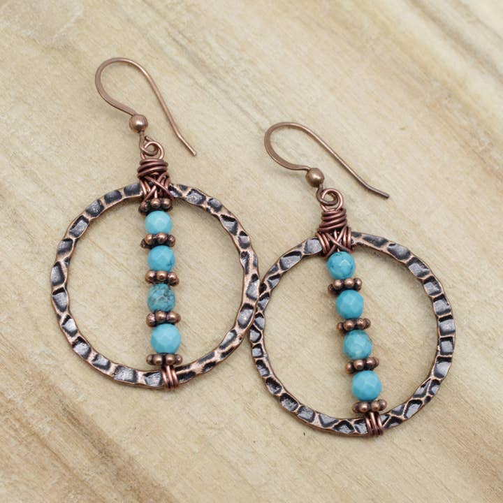 Pillar of Salt Studio - Wholesale Dangle Earrings - Copper Hammered Circle with Turquoise Handmade Earrings4