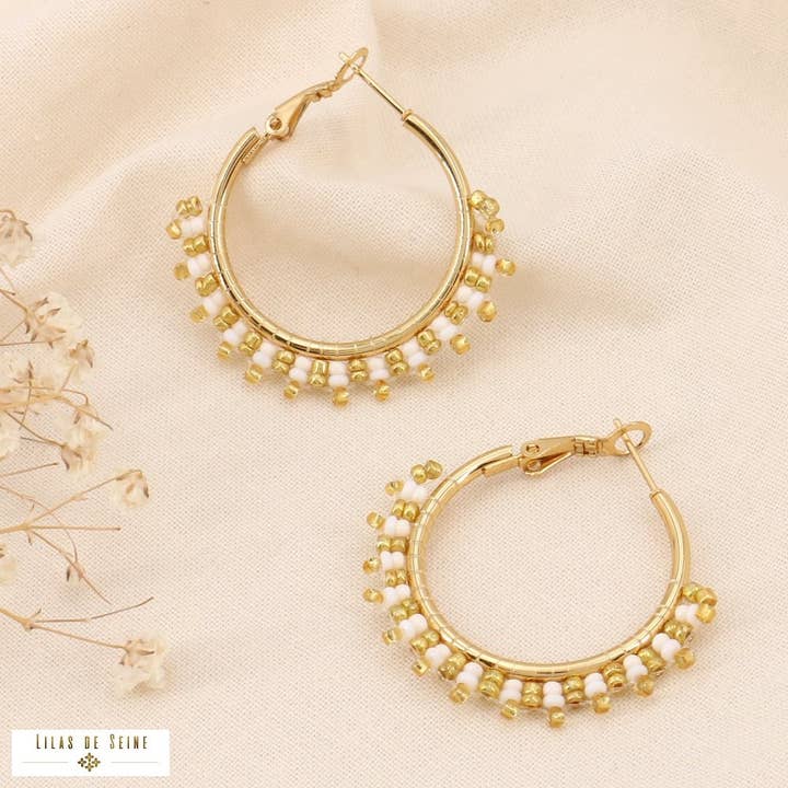 stainless steel hoop earrings embroidered seed beads 0323135 for wholesale by Lilas de Seine