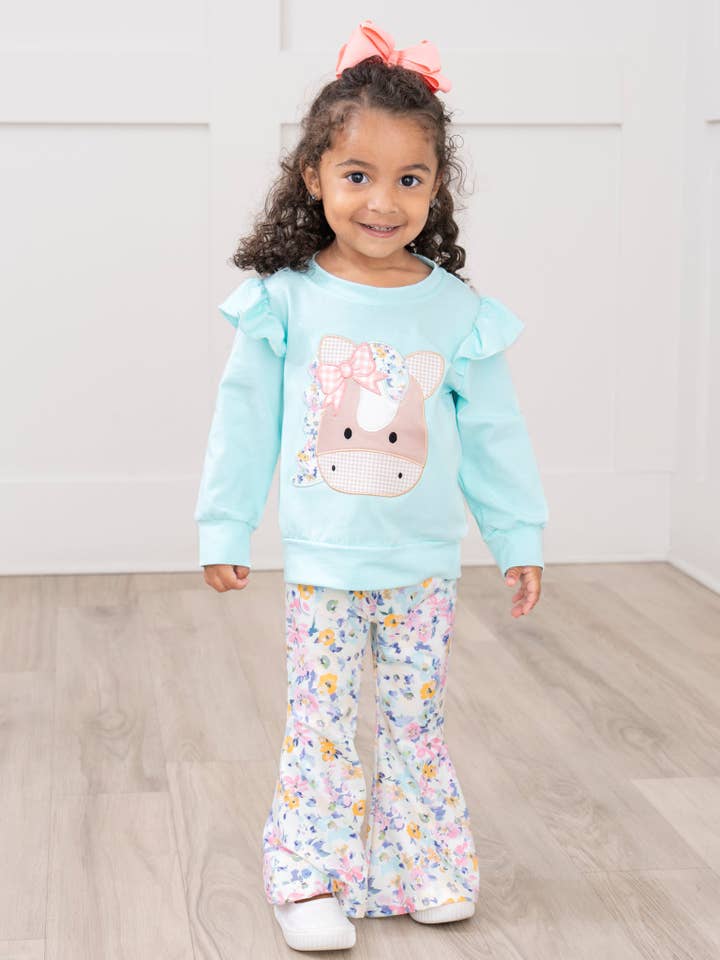 Marie Nicole Clothing - Wholesale Top & Pant Set - Kids - Palomino Dreams Embroidered Ruffle Bell Bottom Outfit3