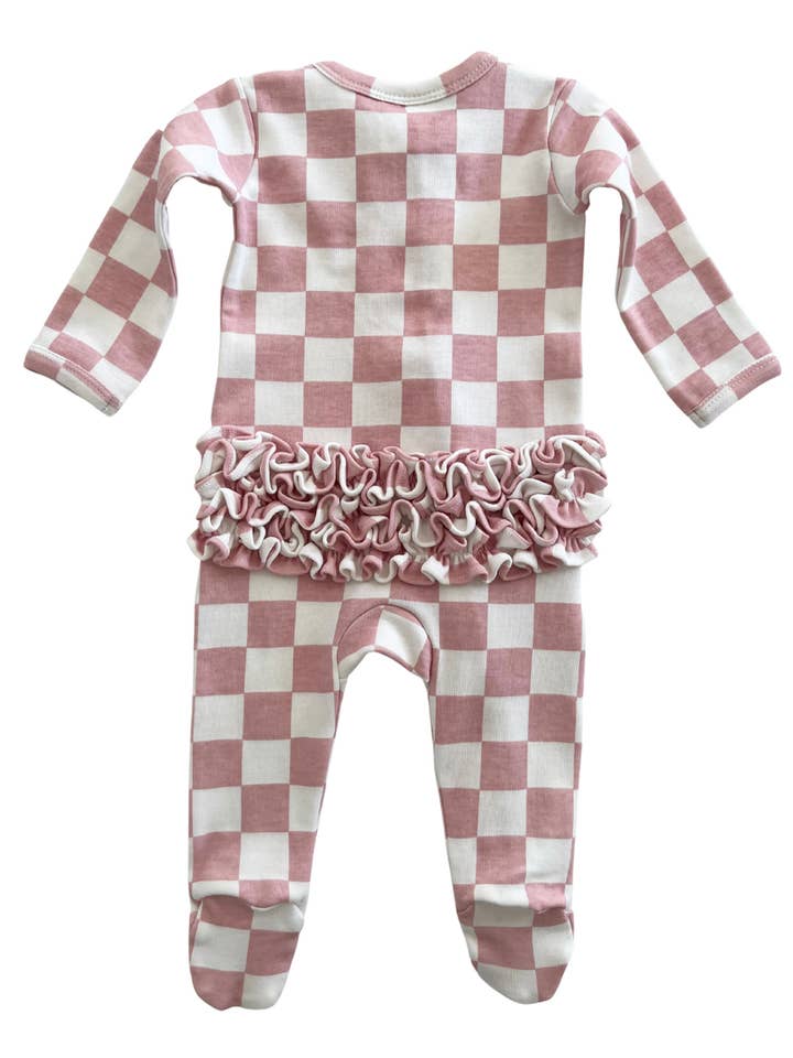 SIIX Collection - Wholesale Bodysuit (Footed) - Baby - Strawberry Shortcake Checkerboard / Organic Frill Zip Footie