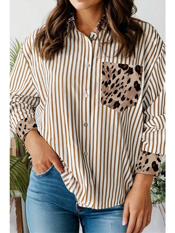 Brown Stripe Leopard Patch Pocket Plus Size Button Down Shirt for wholesale on Faire0