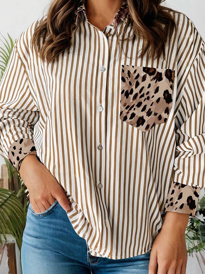 Stripe Leopard Patch Pocket Plus Size Button Down Shirt for wholesale by 66DISCO