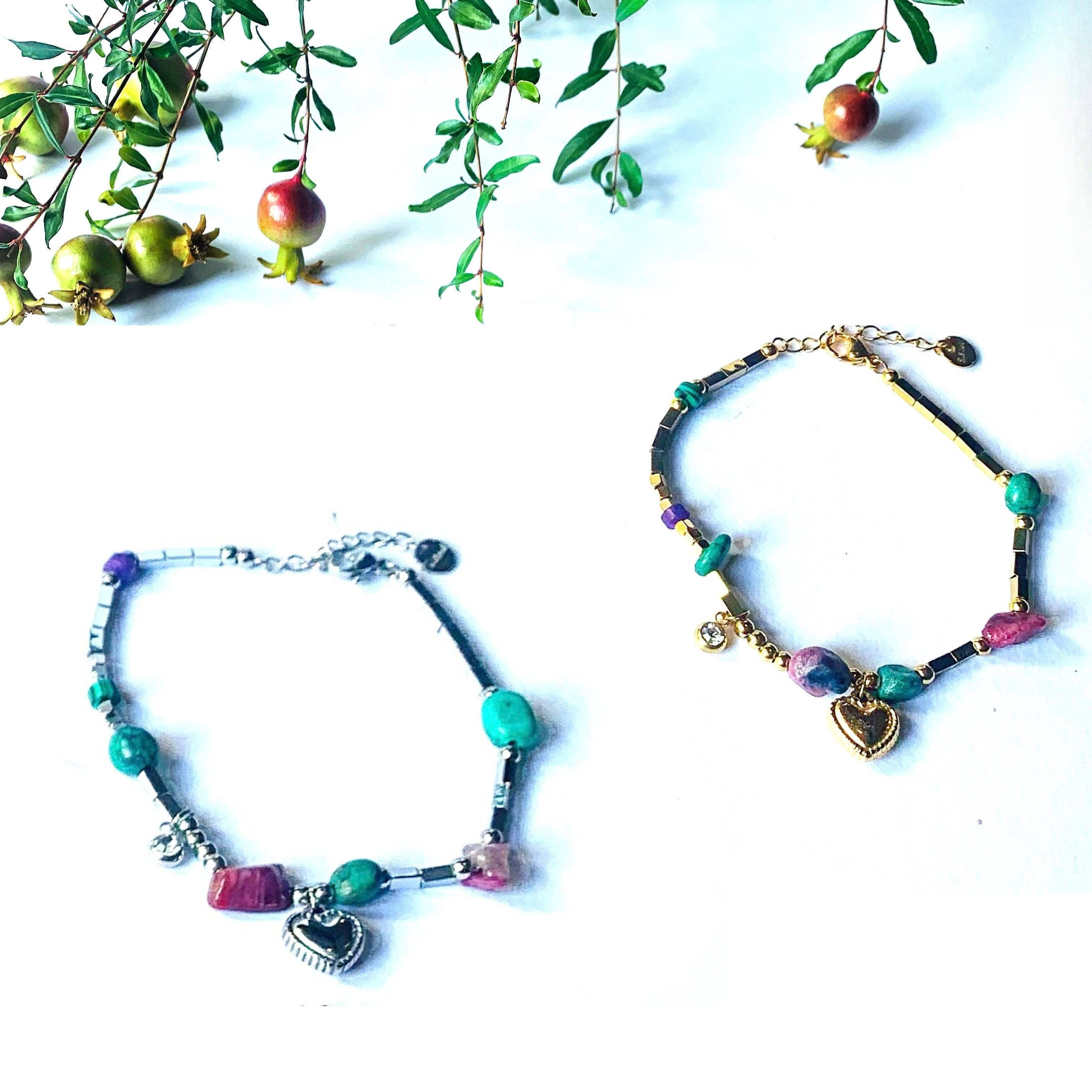 Atisha Spiritual Shop – wholesale Berlockarmband – HEART STONES Armband ~ i rostfritt stål, med hårda stenar och hjärtformade berlocker2