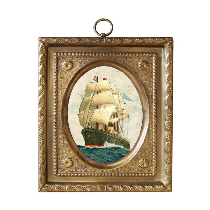 Sailing Ship Vintage Print in Embossed Brass Frame, 4-1/2” for wholesale by Madison Bay Co. - Historical Home Decor Reproductions