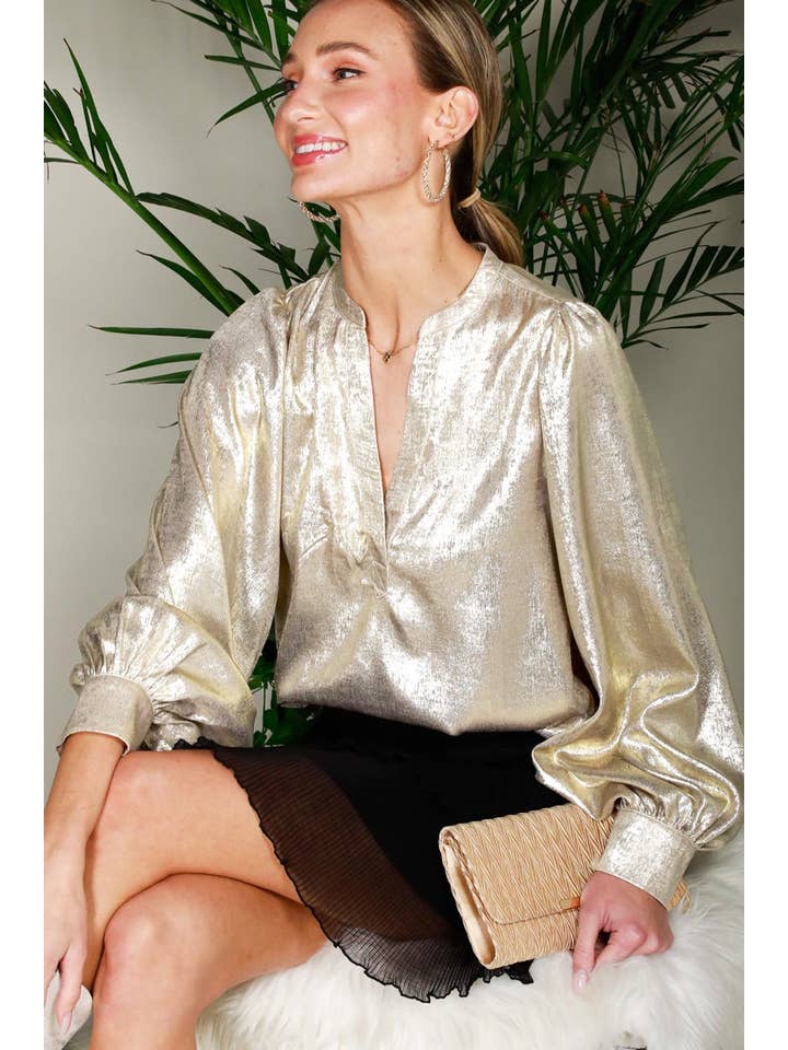 Vine & Love - Wholesale Blouse – Women’s - Henley Neck Long Balloon Sleeve Metallic Blouse Top VT81244F19