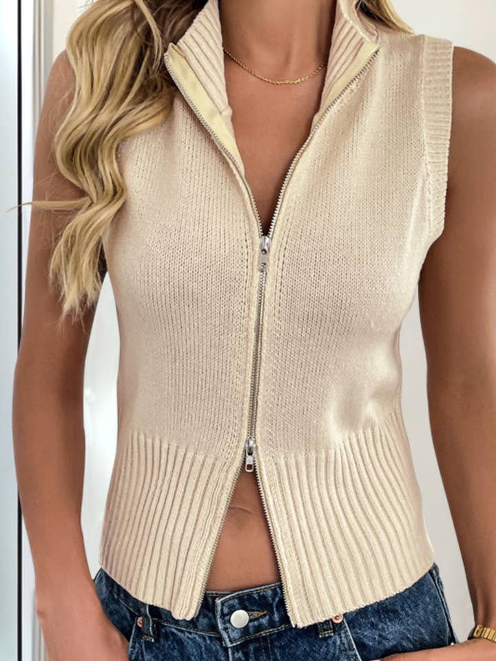 Apricot Zip Up Sleeveless Knit Vest High Neck Casual Fall Top for wholesale on Faire4