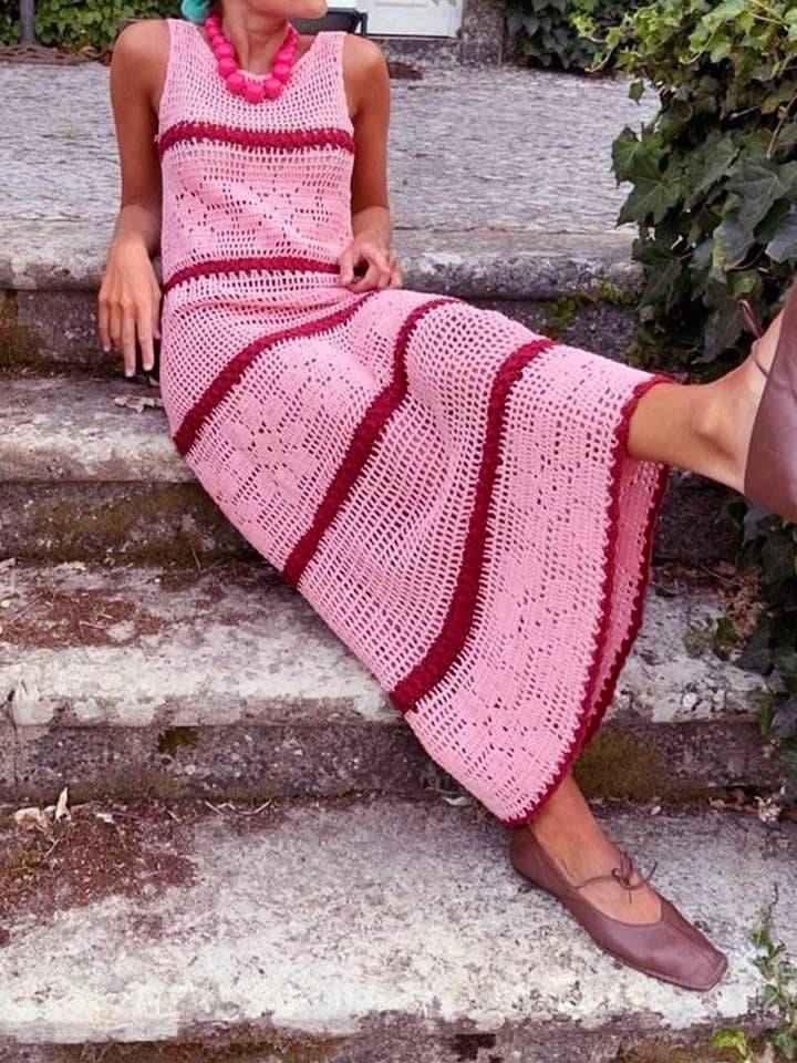 Color Block Striped Crochet Floral Knit Vest Dress for wholesale by Rosa Clothing