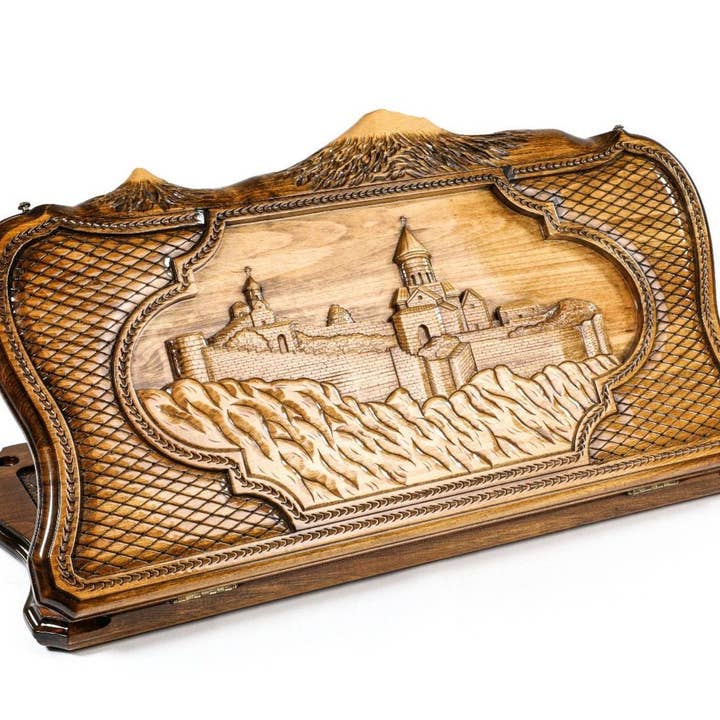 Tatev backgammon with copyrighted Mount Ararat outline. 24" x 24" x 2" for wholesale by Hrachya Ohanyan