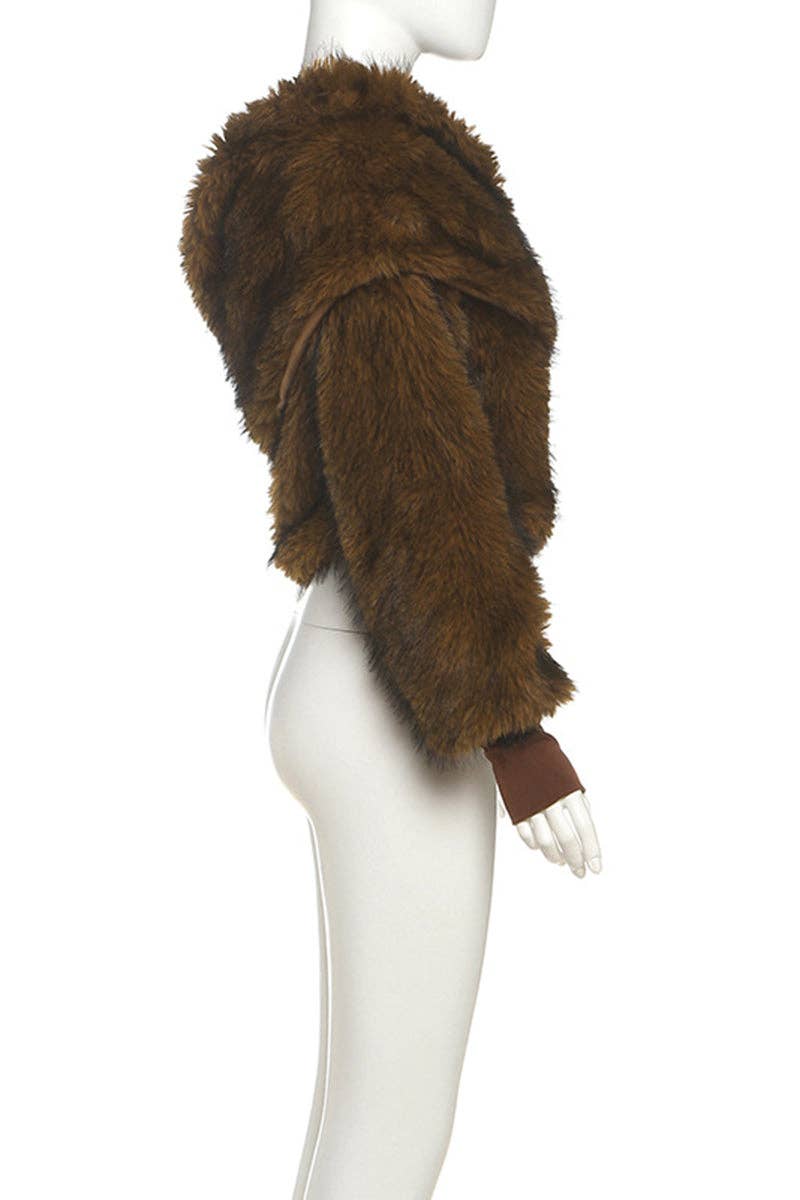 BROWN Off-Shoulder Faux Fur Blouse for wholesale on Faire5