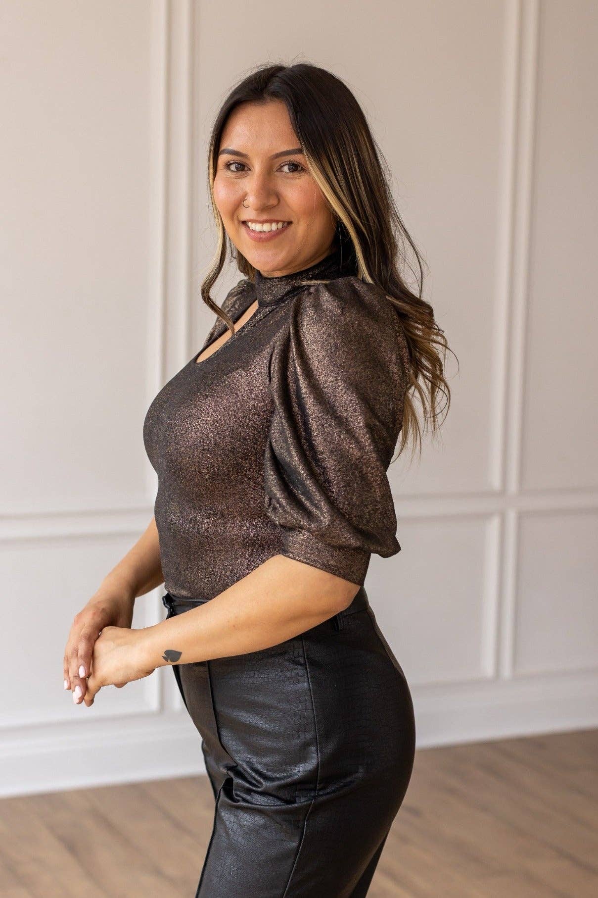 Chic Gold Cutout and Puff Sleeve Bodysuit for wholesale on Faire0