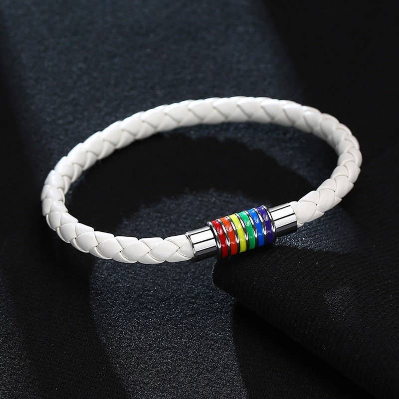Perimade & Co. LLC - Wholesale Woven/Braided Bracelet - Rainbow LGBTQ Pride Bracelet in Stainless Steel, PU Leather5